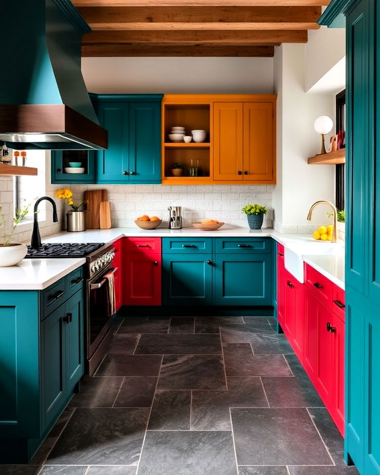 slate floor with colorful cabinets for a bold contrast