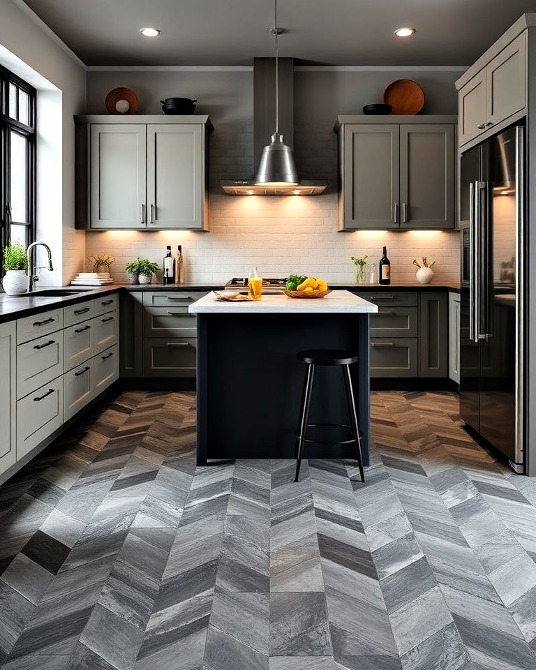 slate floor with geometric pattern for a modern kitchen