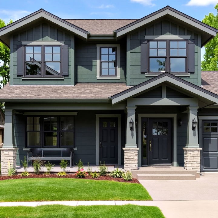 slate gray accents paired with a dark green exterior home