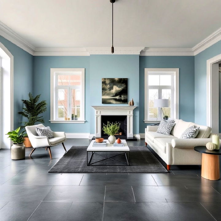 slate grey flooring with soft sky blue walls