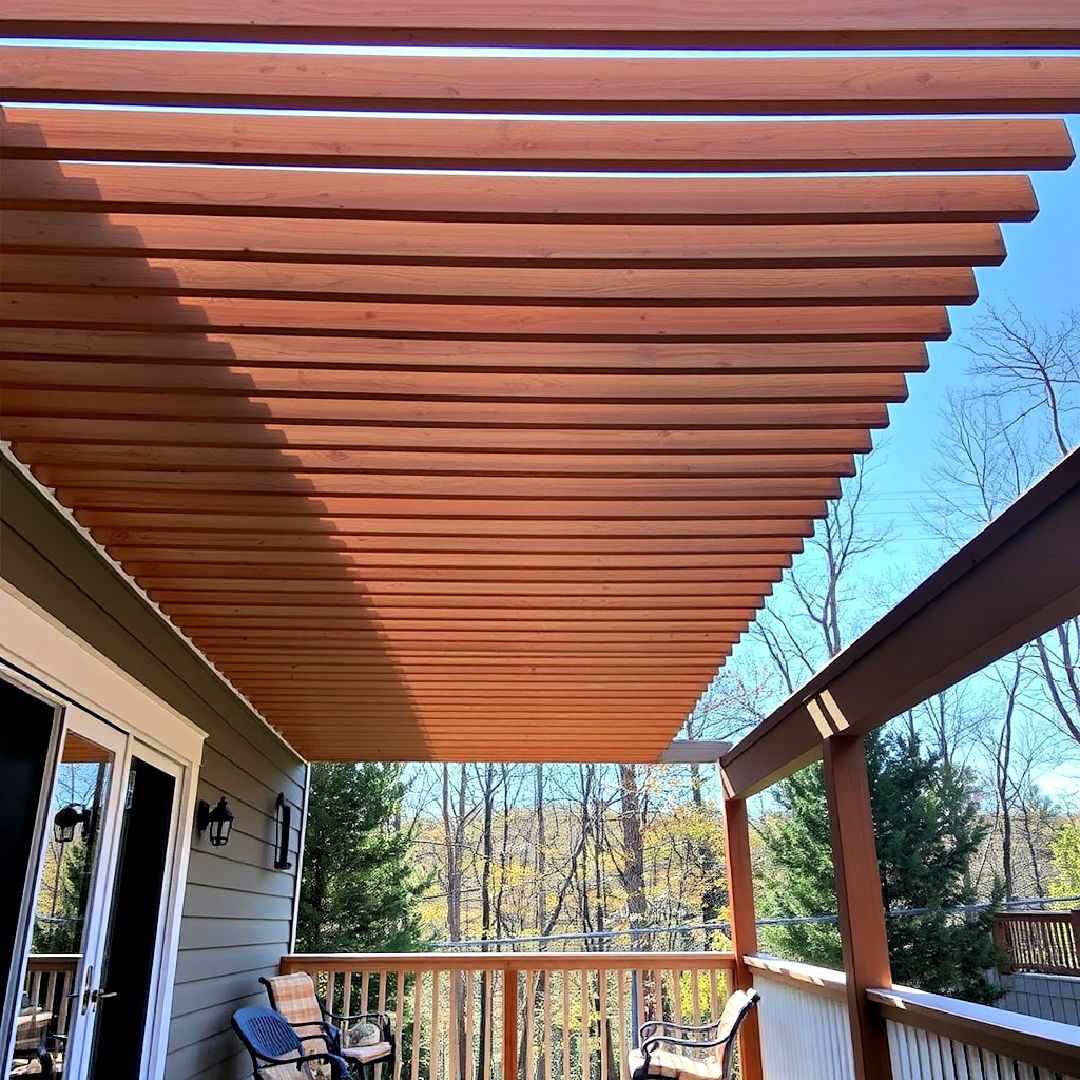 slatted wooden canopy as partially covered deck