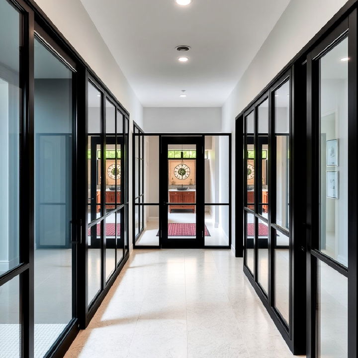 sleek and industrial chic black framed hallway glass doors