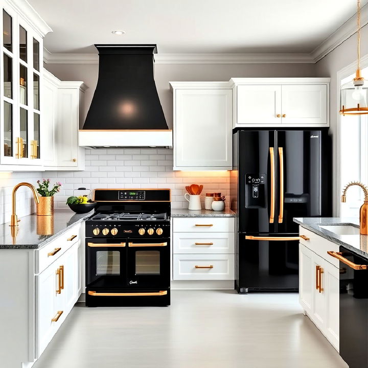 sleek black and gold appliances in a crisp white kitchen