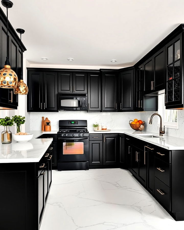 sleek black cabinets with black appliances