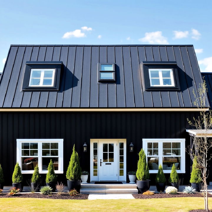 sleek black farmhouse roof with skylights for added natural light