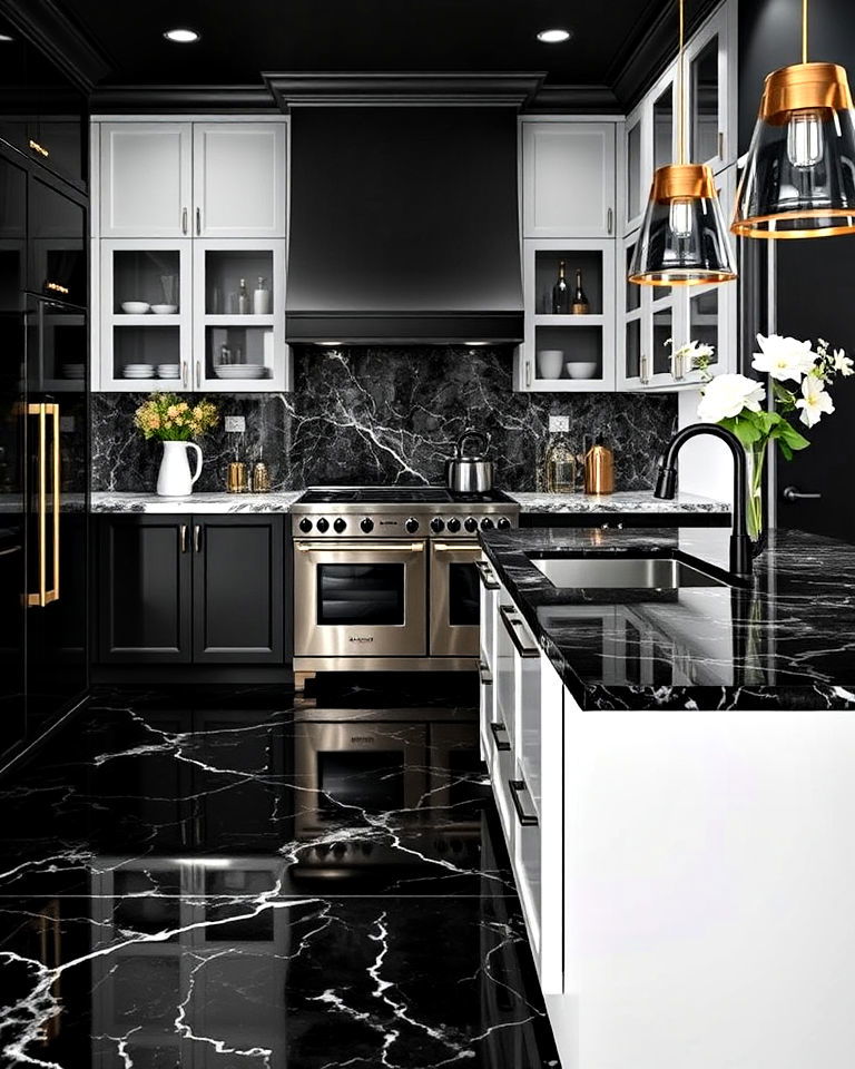 sleek black marble flooring for a luxurious look