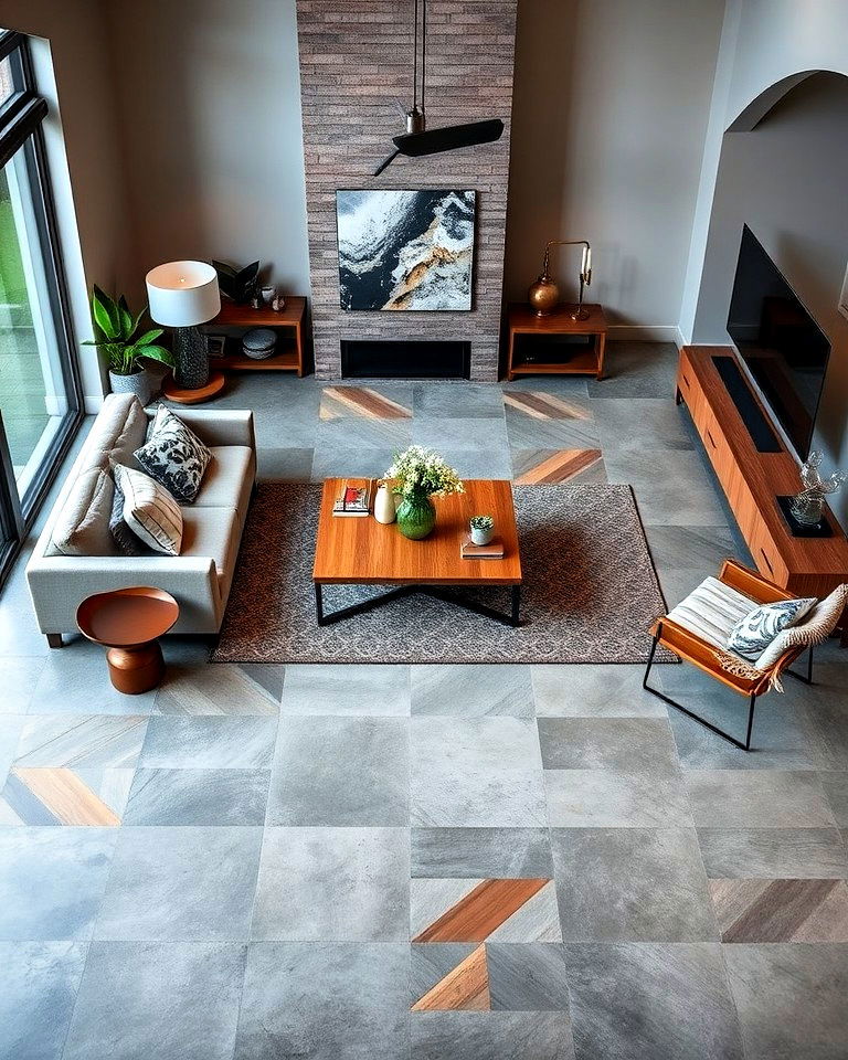 sleek concrete living room floor with inlaid wood