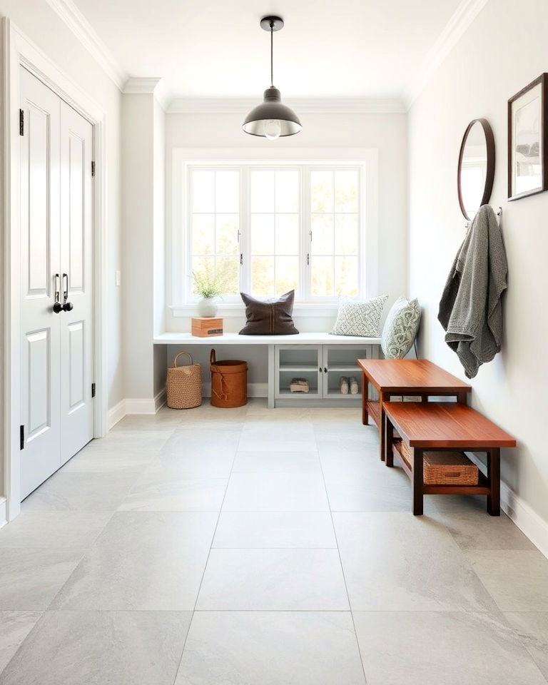 sleek large format tiles for mudroom floor