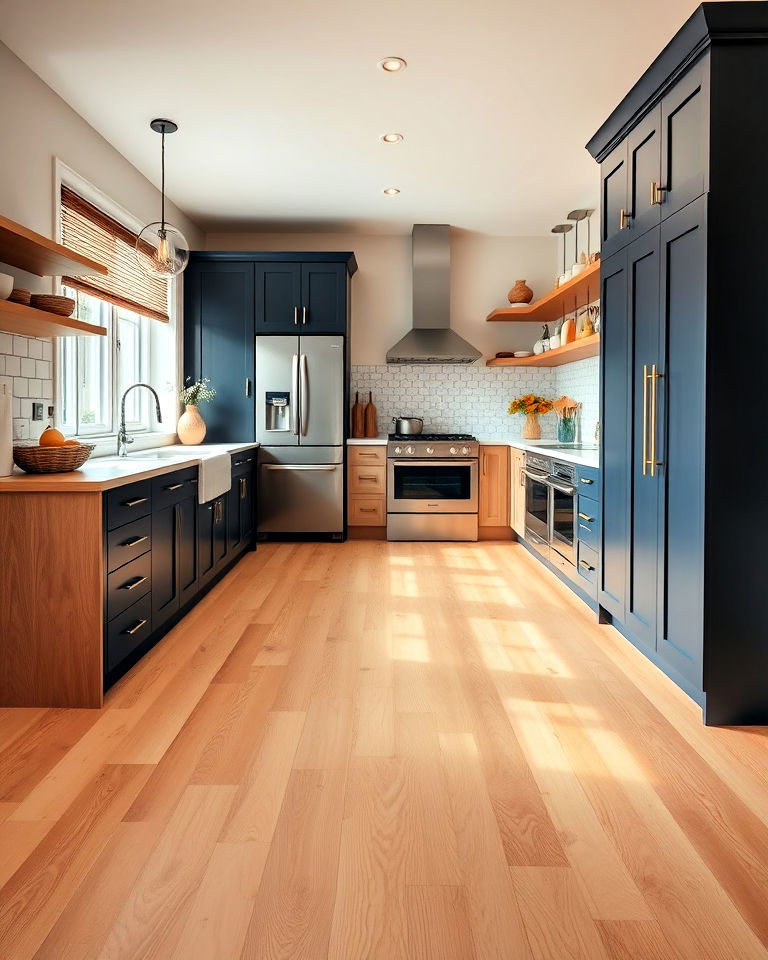 sleek light teak wood flooring for kitchen