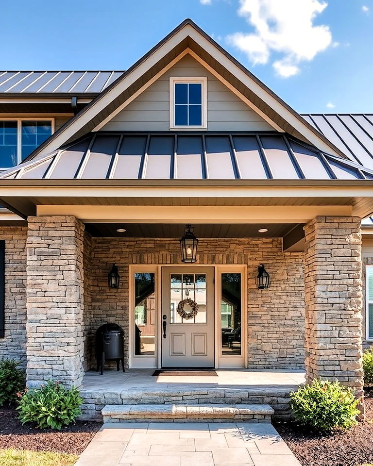 sleek metal roof with stone columns