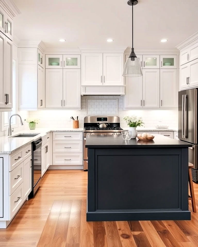 sleek white cabinets with charcoal grey island