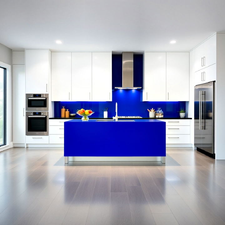 sleek white kitchen cabinets with striking cobalt blue island