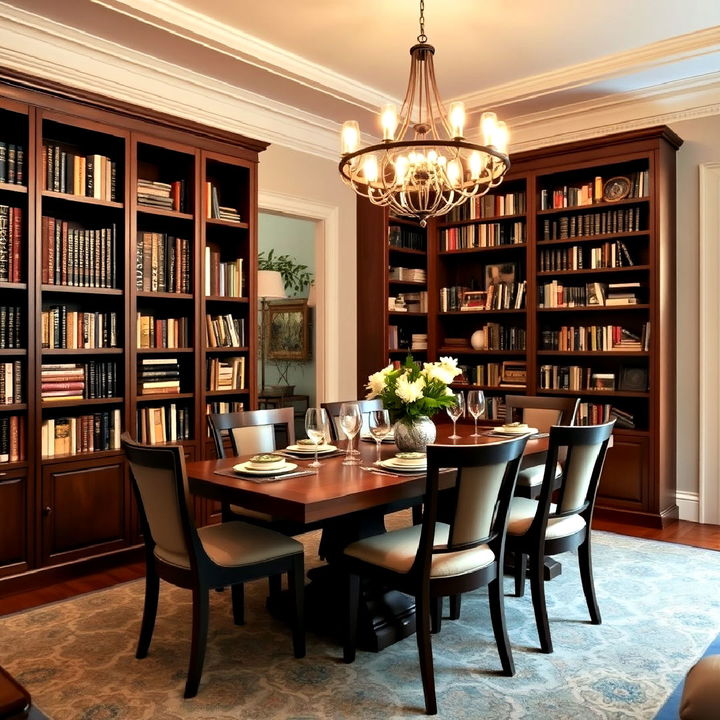 sliding bookcase wall to add a literary vibe to a dining room