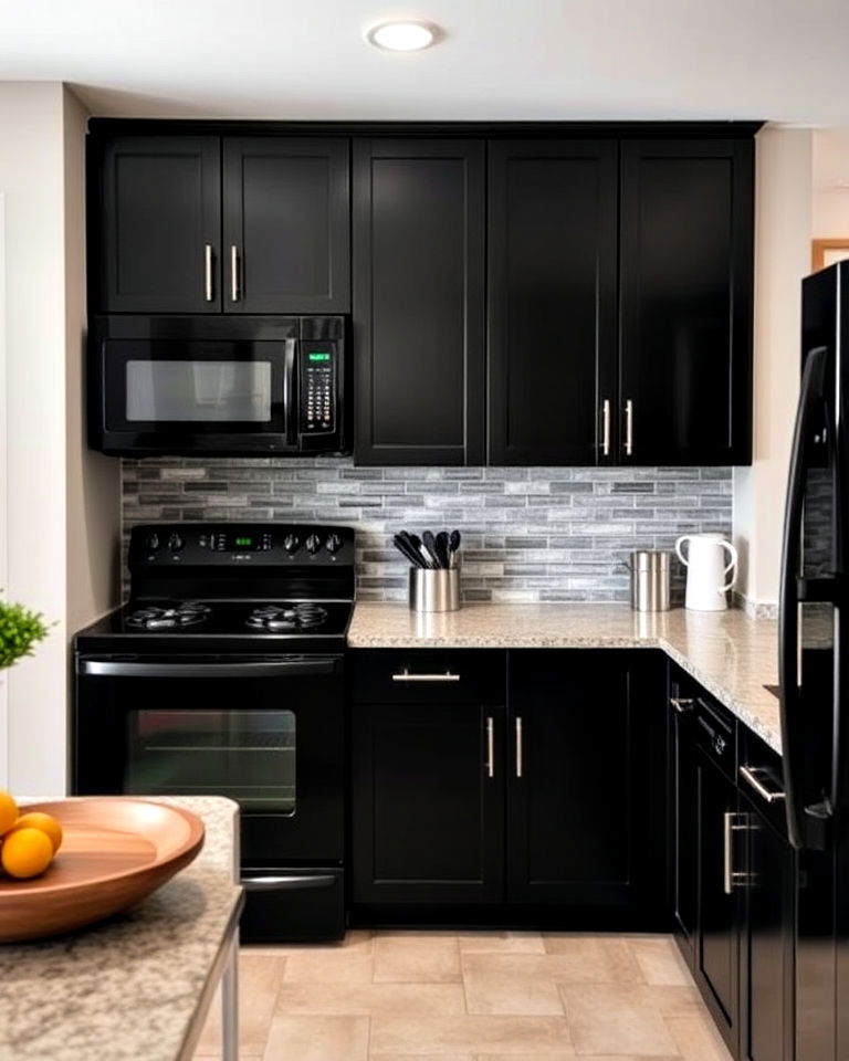 small kitchen with black appliances and gray backsplash