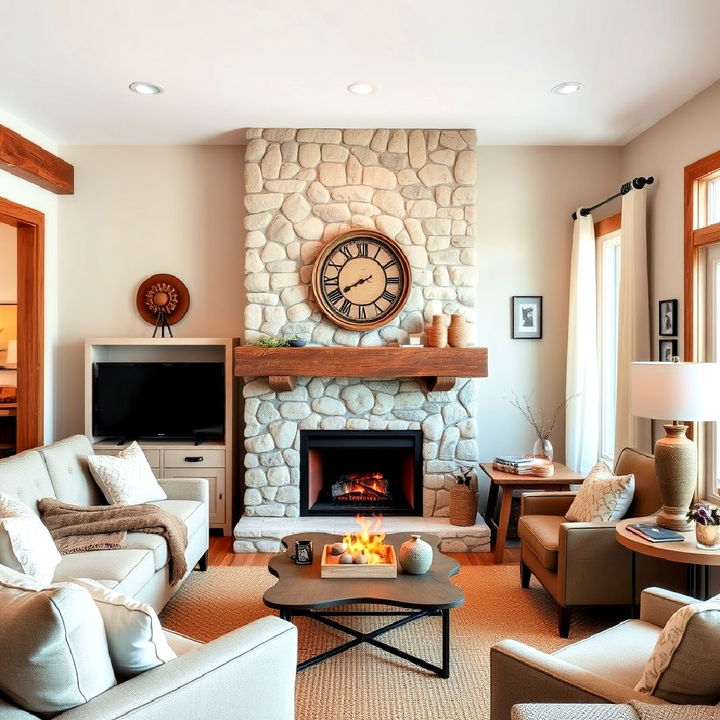 small living room natural stone fireplace