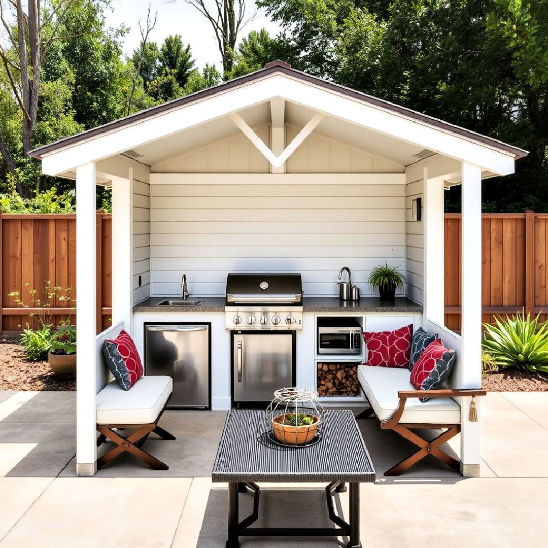 small pool house with compact outdoor kitchen