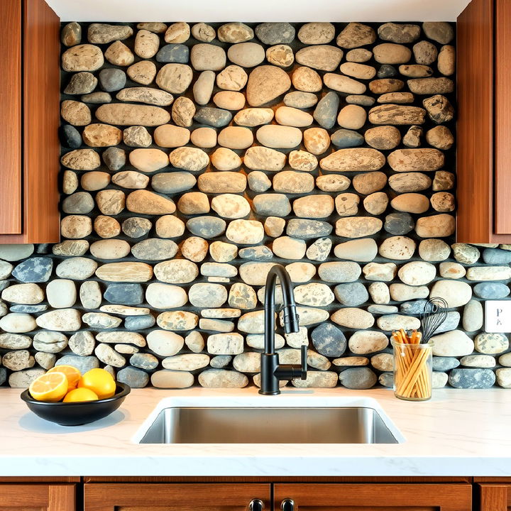 smooth river pebble backsplash