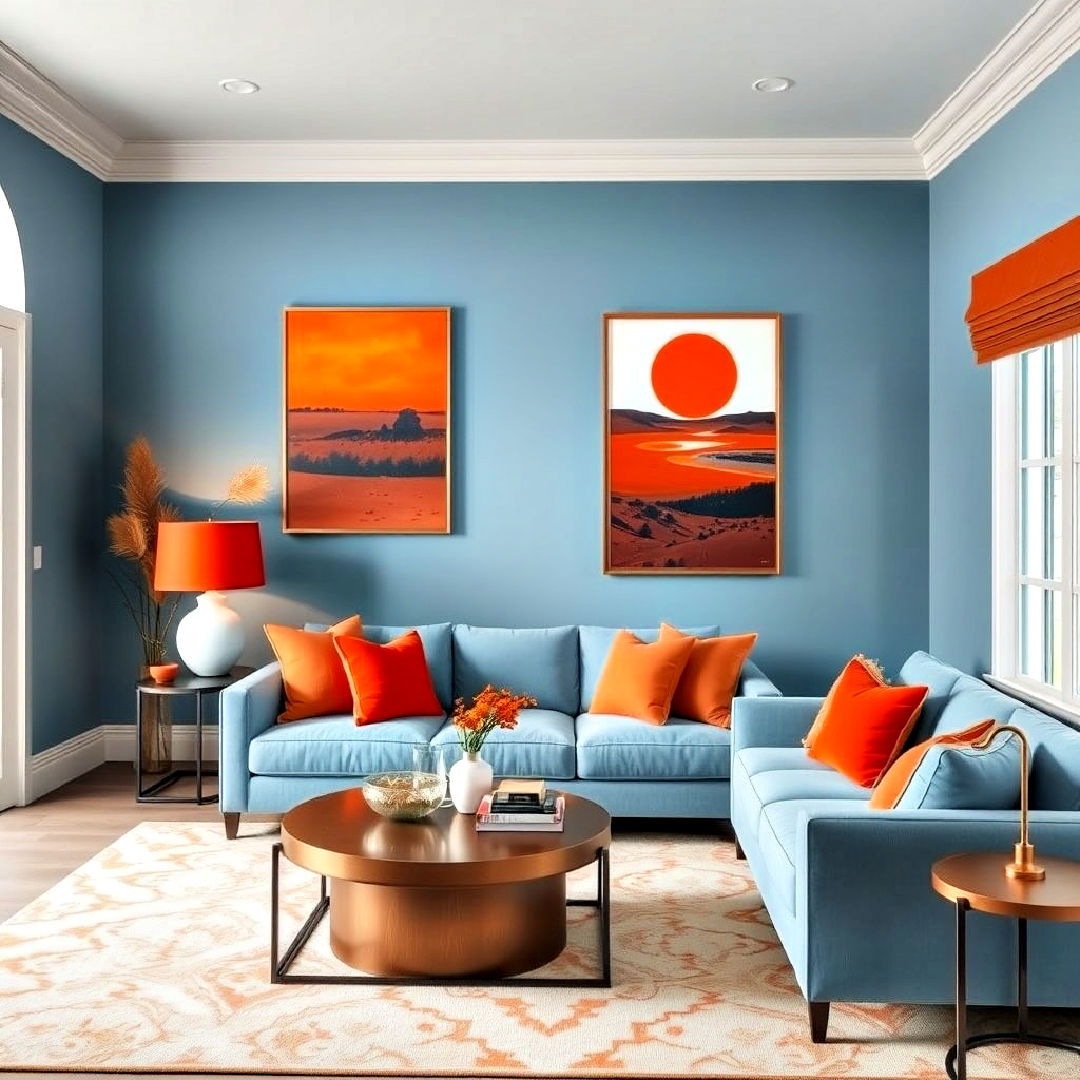 soft blue walls with vibrant orange artwork