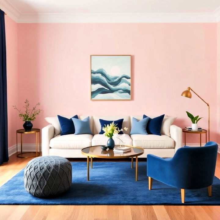 soft blush walls paired with bold navy accents