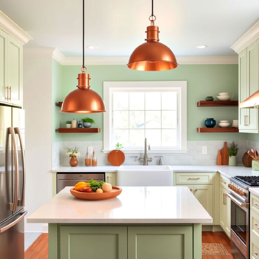 soft green walls complemented by copper pendant lights