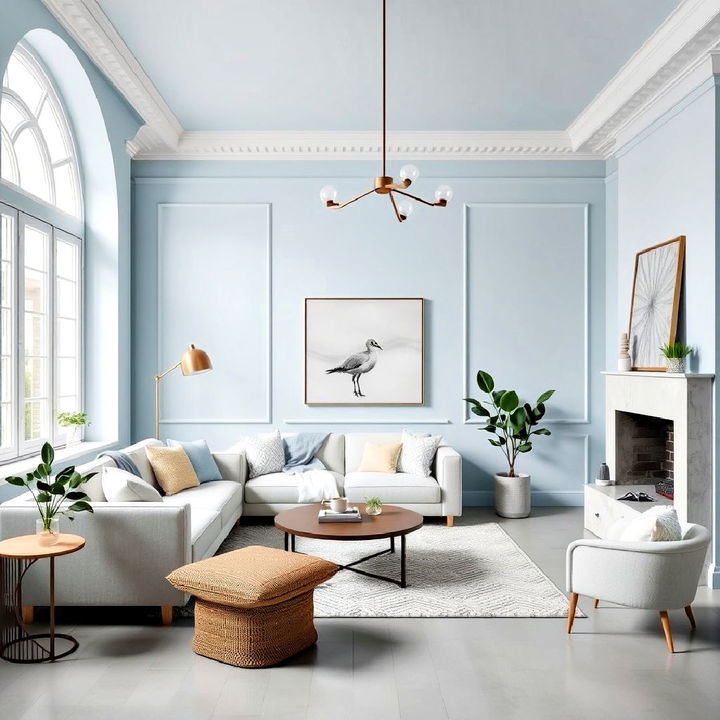 soft grey floors and delicate pastel blue walls