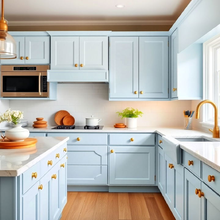 soft light blue cabinets with brushed gold knobs