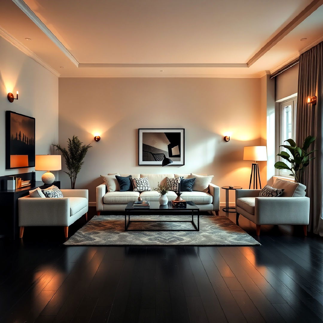 soft lighting black floor living room for a cozy atmosphere