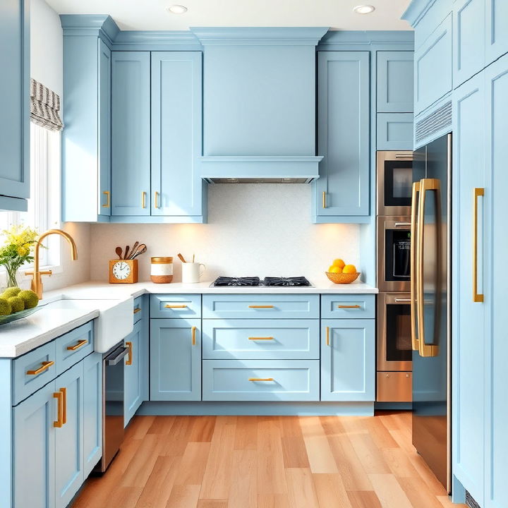 soft sky blue cabinets paired with modern gold handles