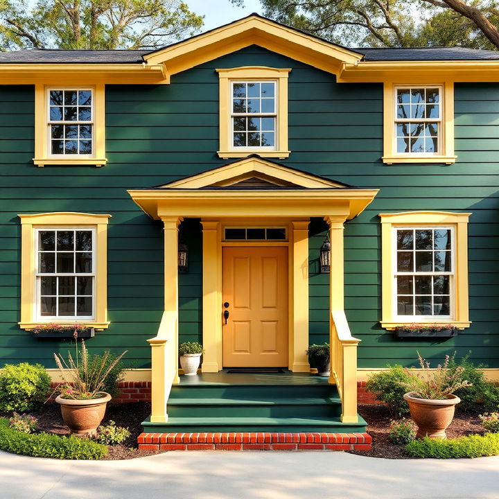 soft yellow trim paired with dark green exterior walls