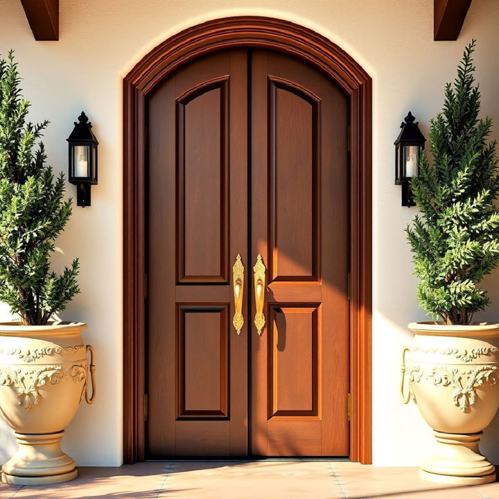 solid wood spanish style entry door with brass hardware