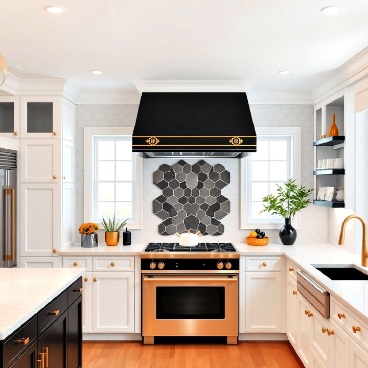 sophisticated black range hood with gold trims in a white kitchen