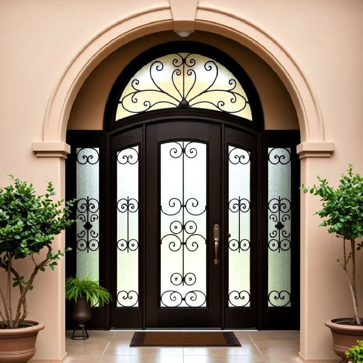 spanish inspired arched glass panel front door with iron detailing