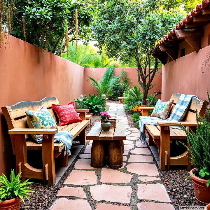 spanish patio with rustic wood bench seating