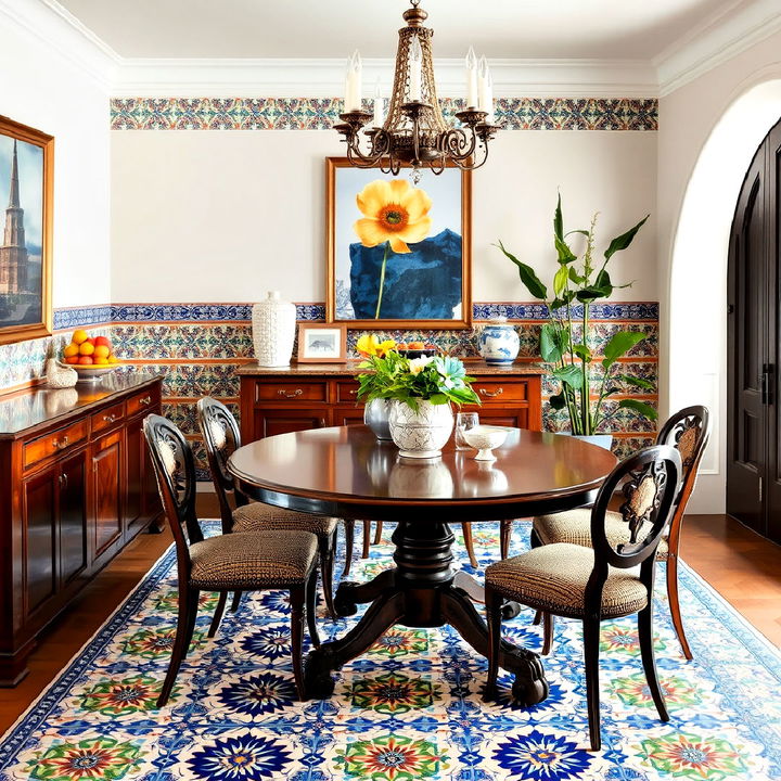 spanish style dining room with patterned tile accents