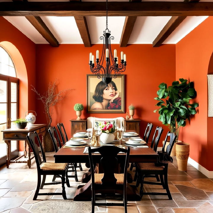 spanish style dining room with warm terracotta walls