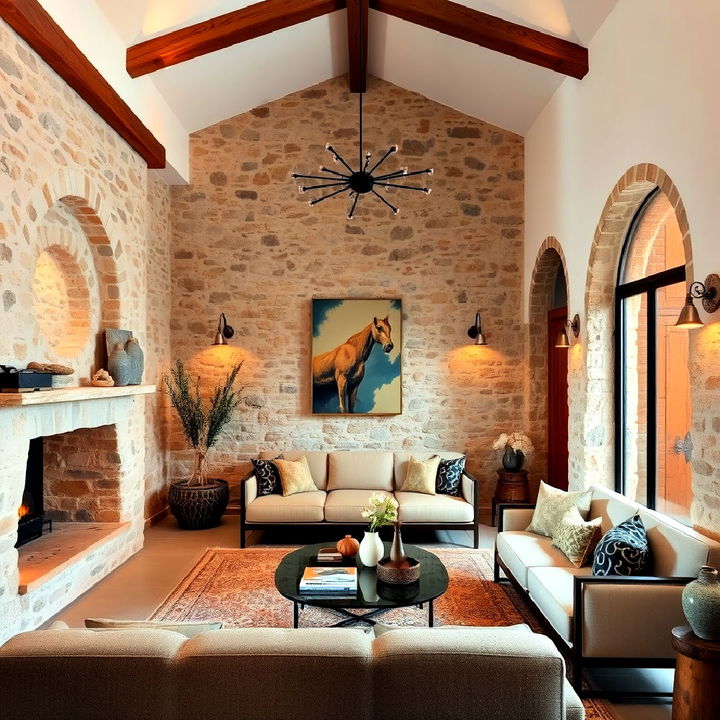 spanish style living room with exposed stone walls