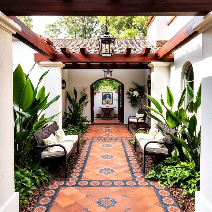 spanish style patio with beautiful saltillo tile pathway