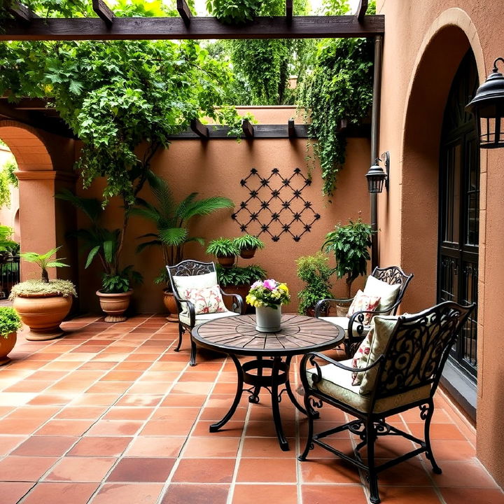 spanish style patio with rustic terracotta tile flooring