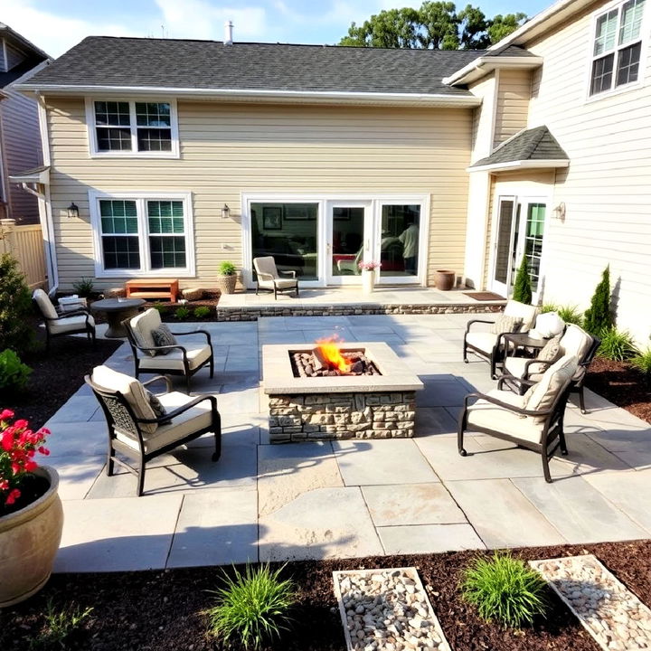 square stone patio with fire pit idea