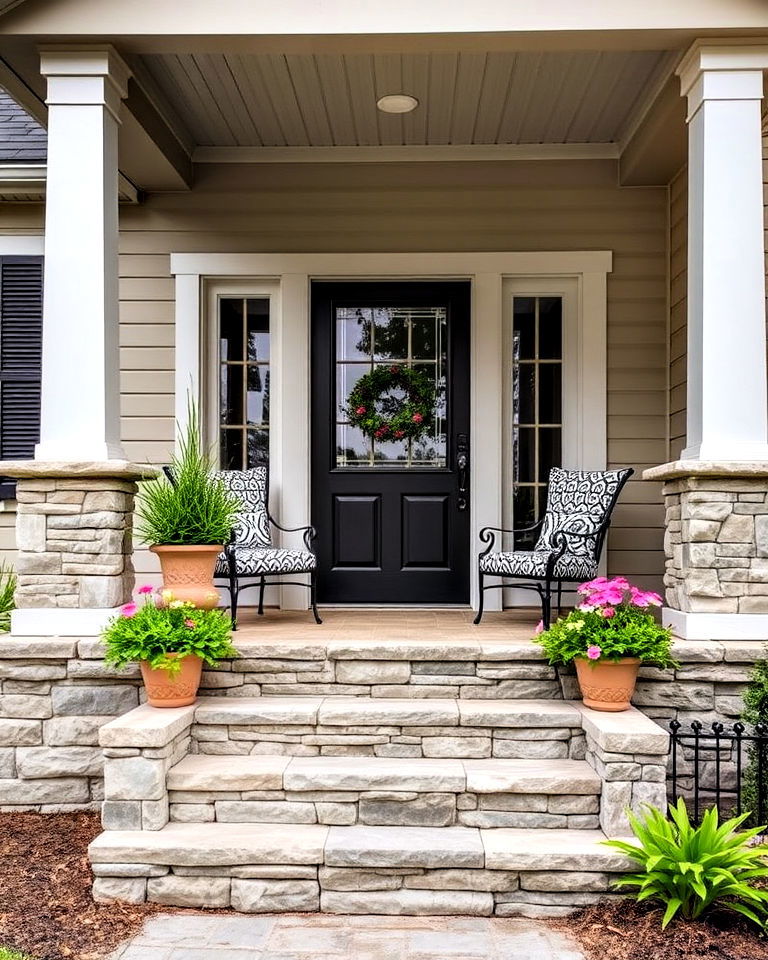 stacked stone porch steps for a layered effect