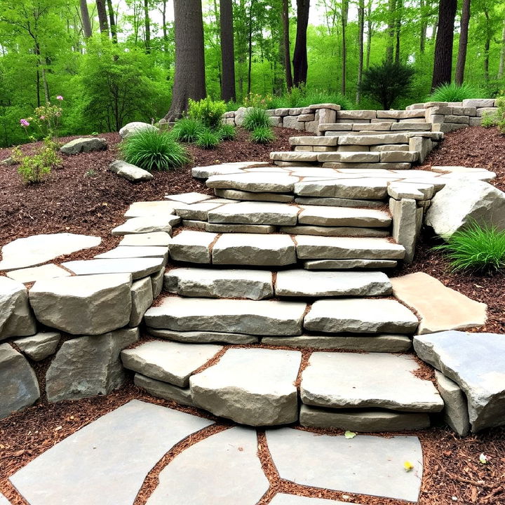 stacked stone steps to create a rugged patio look