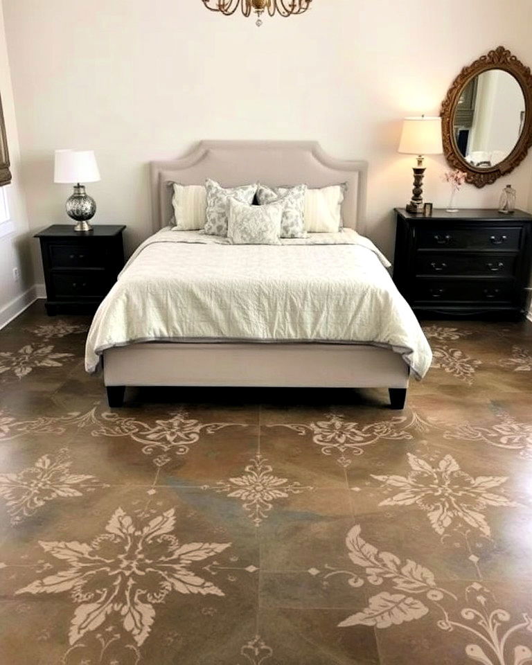 stained concrete bedroom floor with artistic stenciling