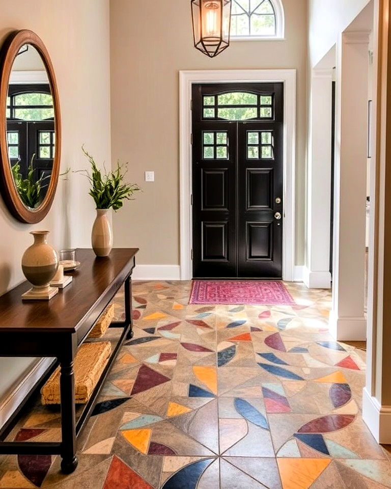 stained concrete entryway floor with mosaic patterns