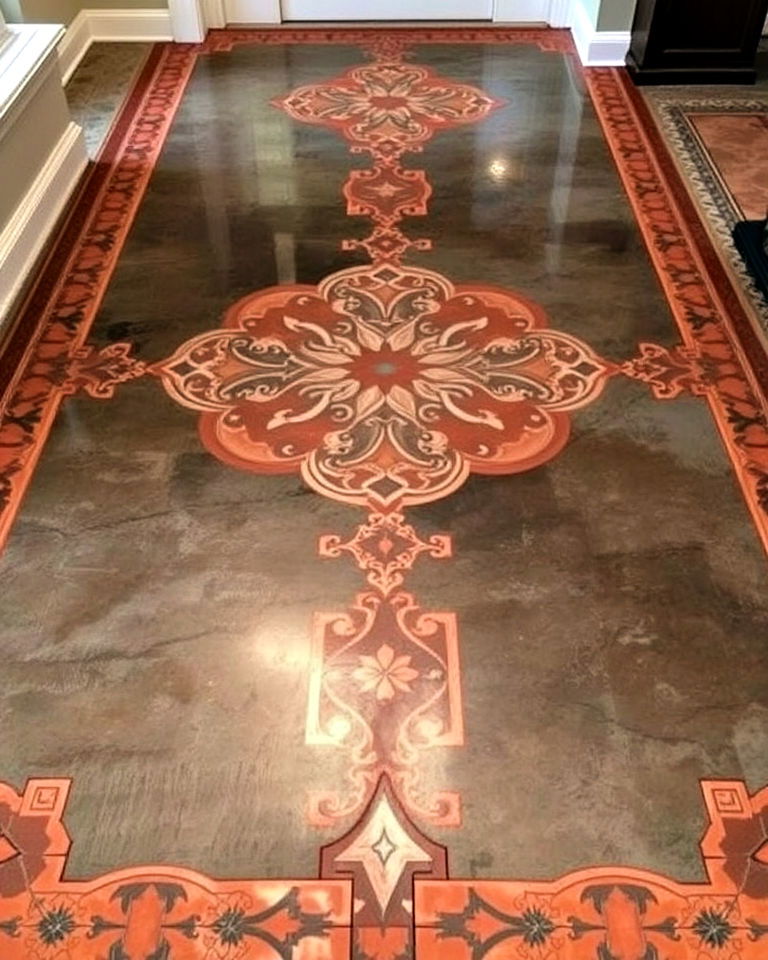 stained concrete floor with a stunning saw cut design