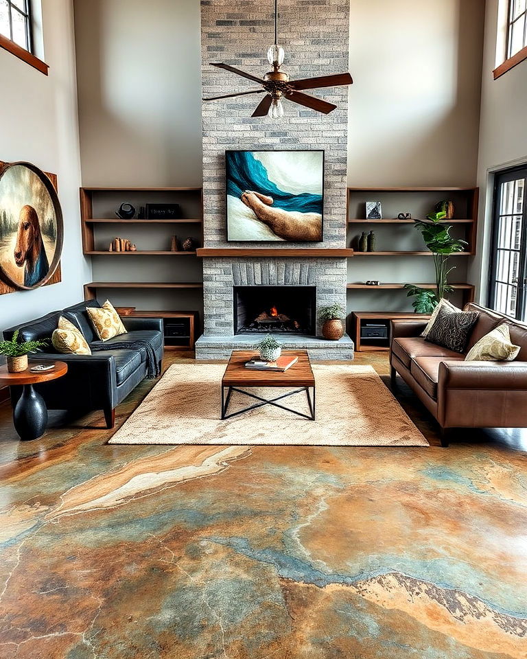 stained concrete for custom living room flooring