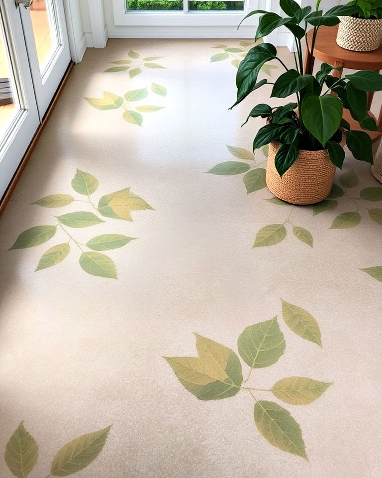 stained concrete interior floor with natural leaf patterns