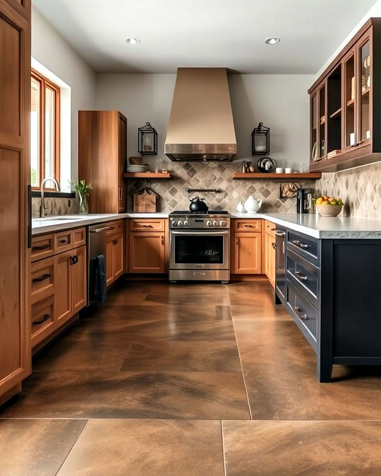 stained concrete kitchen floor for warmth and depth