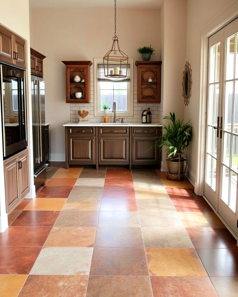 stained concrete kitchen floor with faux tile design