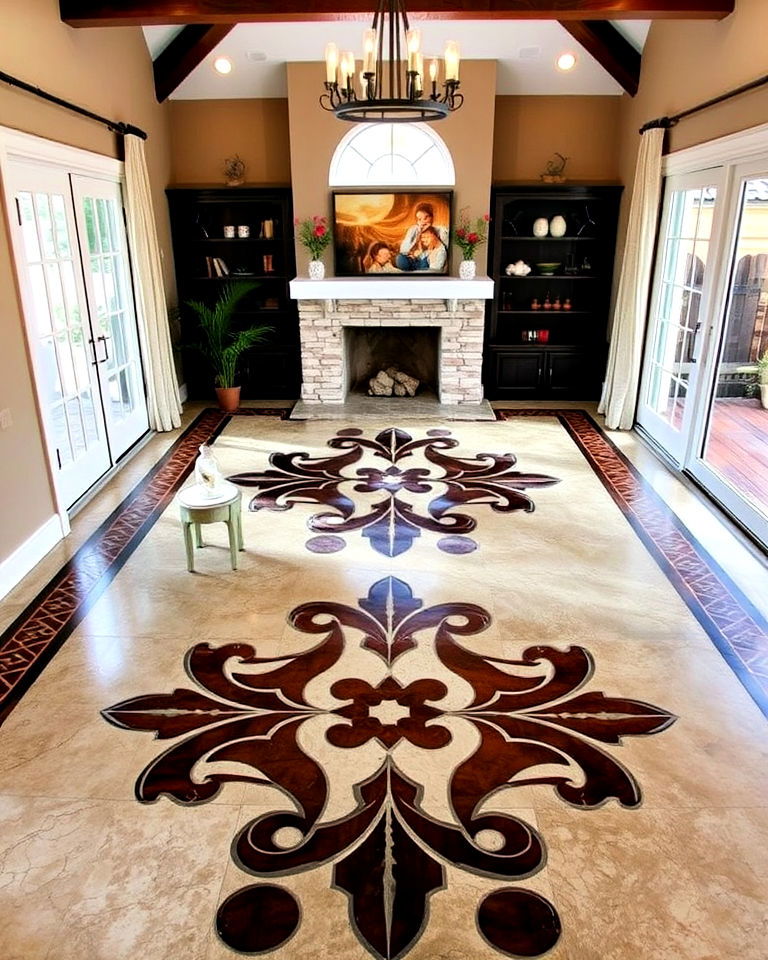 stained concrete living room floor with artistic inlays