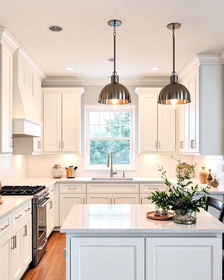 stainless steel lighting fixtures in a white kitchen